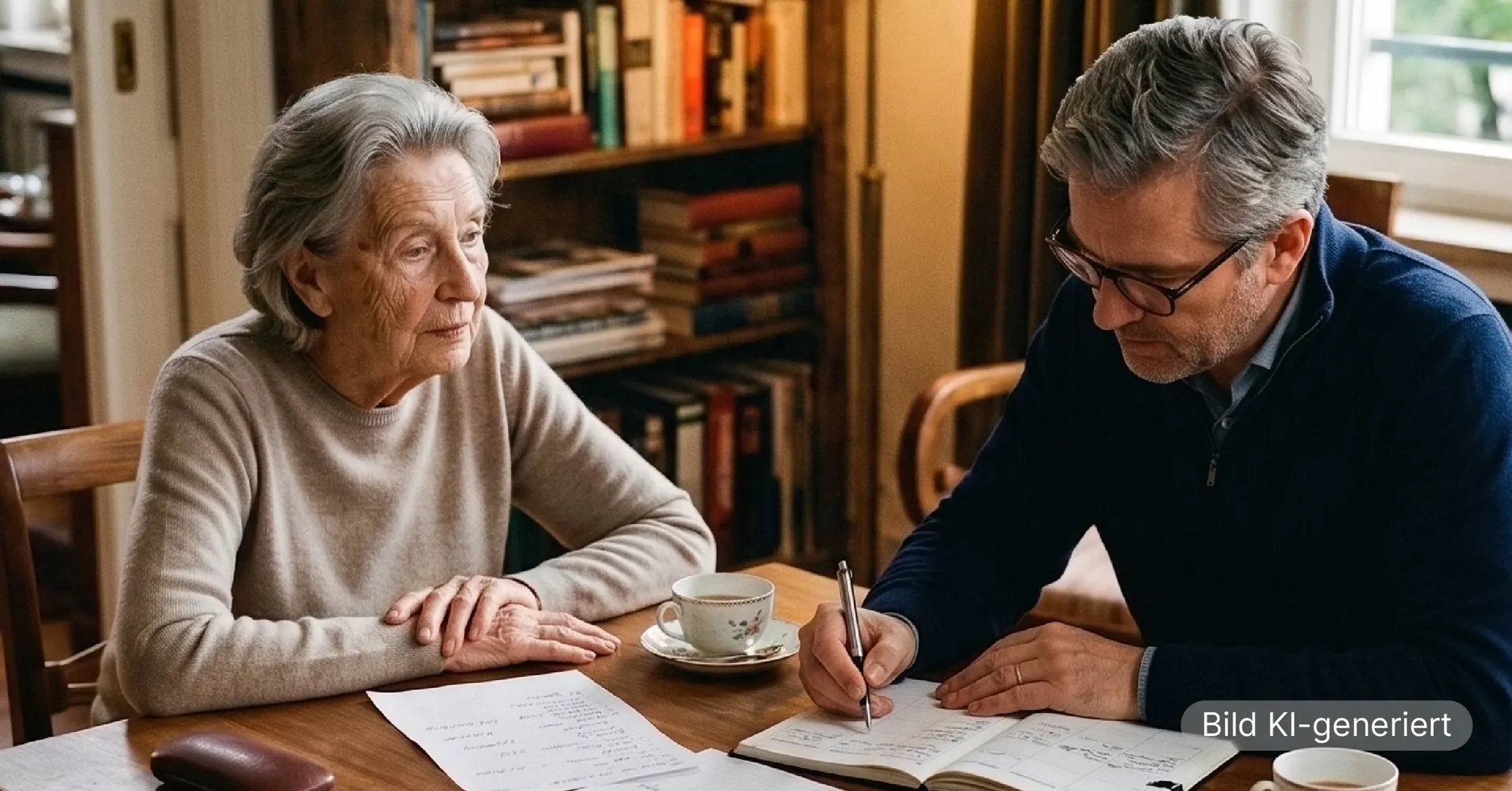 Sohn mit Brille trägt Termine in einen Kalender ein, während seine Mutter am Tisch daneben aufmerksam zuschaut