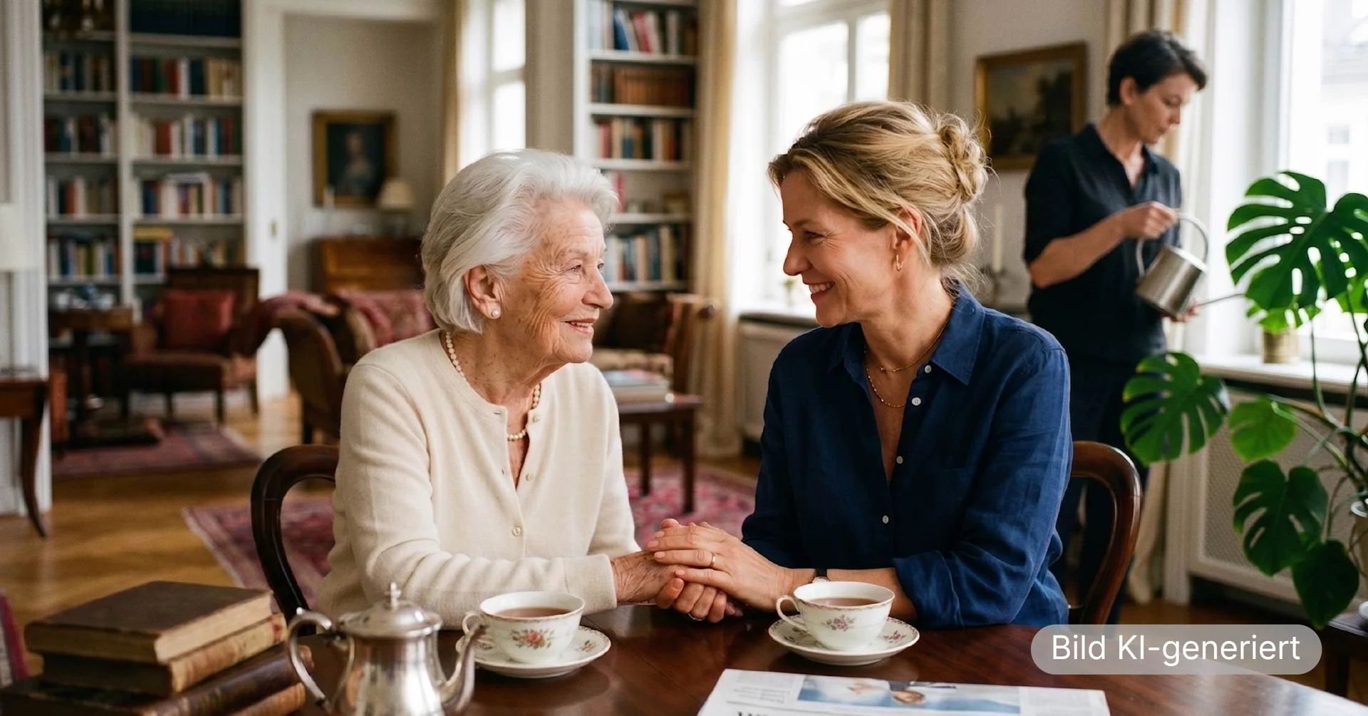Ältere Dame und ihre erwachsene Tochter halten sich am Teetisch im Wohnzimmer lächelnd an den Händen, im Hintergrund gießt eine Betreuungskraft Pflanzen