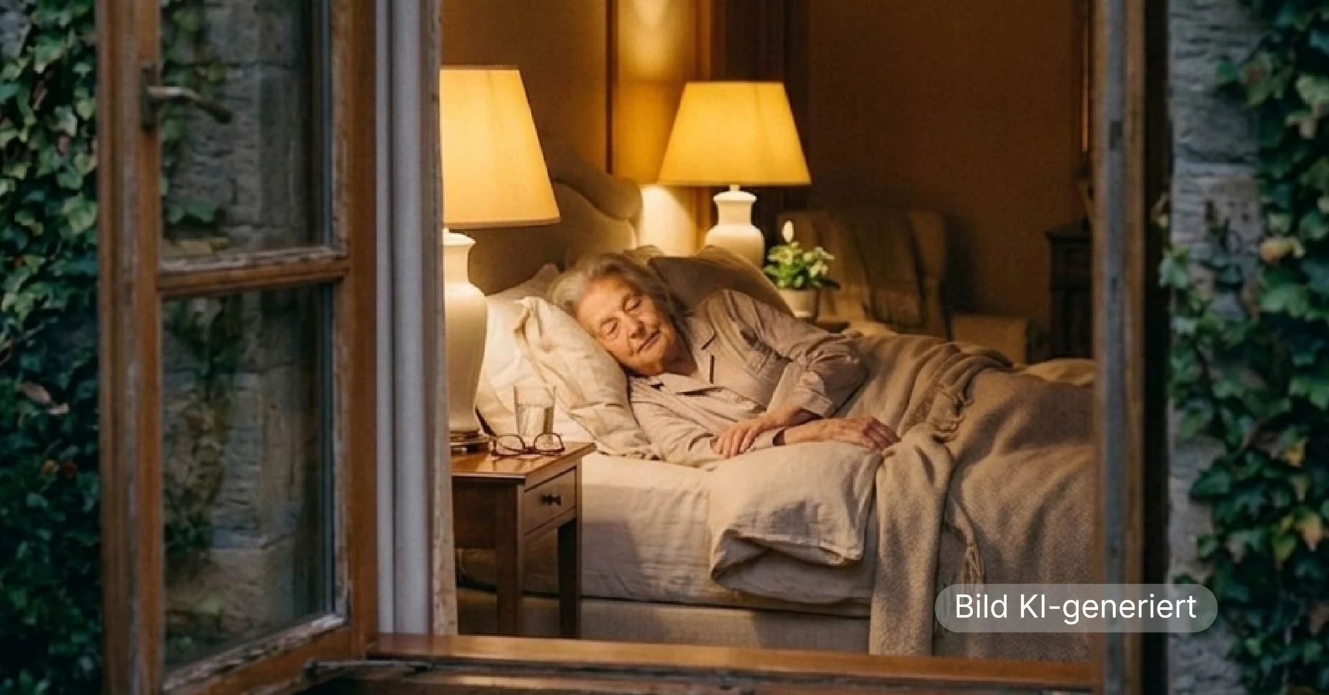 Seniorin schläft friedlich im warm beleuchteten Schlafzimmer, Blick von außen durch ein offenes Fenster